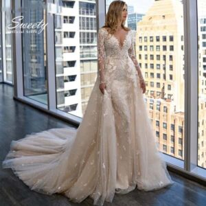 Luxury Detachable 2 In 1 Wedding Dress Pearls Mermaid Embroidered Lace On Net