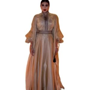 Luxury Golden Arabic Evening Dress 2023 Long Sleeve A Line Beaded Formal Prom Dresses