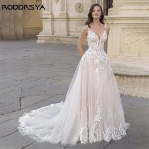 RODDRSYA Spaghetti Straps Appliques Wedding Dresses A-line Lace Sweep Train Bridal Gown