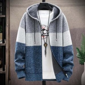 2023 Autumn Winter Fleece Hooded Sweatercoat Striped Knitted Cardigan Men Warm Casual Sweater Jackets Thick Knit Windbreaker Man