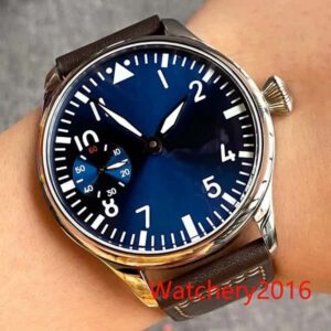 44mm Black Blue Dial Luminous Hands 17 Jewels 6497 Movement Manual Mechanical Mens Watch Leather strap