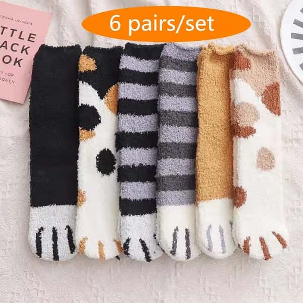 6 pairs Winter Woman socks Kawaii Cartoon Cute 3D Dog Cat Paw Pattern