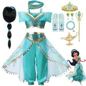 Disney 2023 Girls Jasmine Dress Aladdin Princess Magic Lamp Carnival Clothing