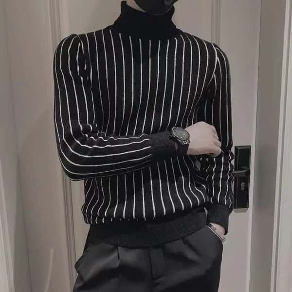 Fashion Printed Knitted Spliced Korean Turtleneck Striped Sweater Men Clothing 2022 Autumn New Loose Casual Pullovers Warm Tops