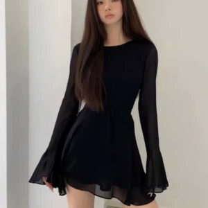 HOUZHOU Backless Black Dress Women Elegant Back Hollow Out Lace-up Long Sleeve Mesh Patchwork Sexy Slim Ruffle Mini Dress Party