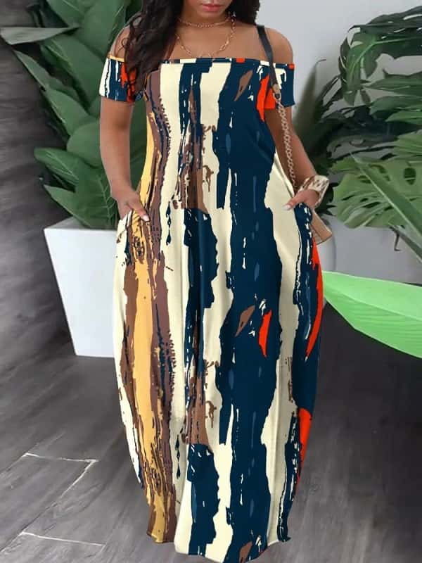 LW Bateau Neck Camo Off The Shoulder Maxi Dresses Short Sleeve