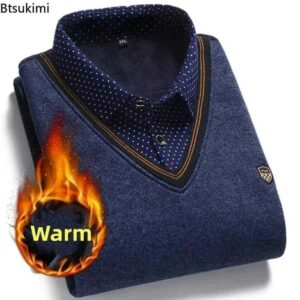 New 2024 Autumn Winter Men’s Wool Shirt-Neck Sweater Fashionable Plaid Solid Thickened Warm Fleece High Quality Versatile Casual