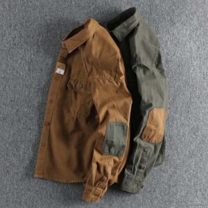 Sleeve Patch Washed Grain Woven Cotton Long Sleeve Shirt