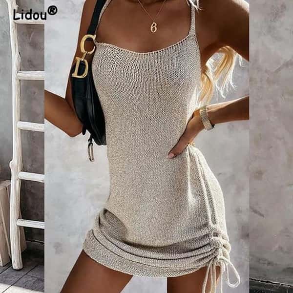 Sleeveless Sling Mini Short Dress Casual Fashion Backless Drawstring Low Collar Solid Sexy Spring Summer 2022 New Women Dresses