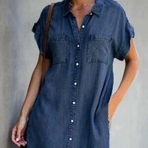 Summer New Single Breasted Denim Shirt Dress Women’s Casual Loose Pocket Simple Retro Commuter Female Office Denim Short Skirt