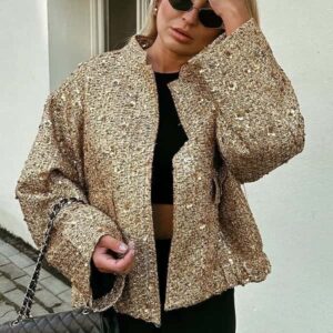 TRAFZA Women Fashion Shiny Sequin Jacket Y2k Gold Color Stand Collar Long Sleeve Short Coat Autumn Winter Ladies High Streetwear