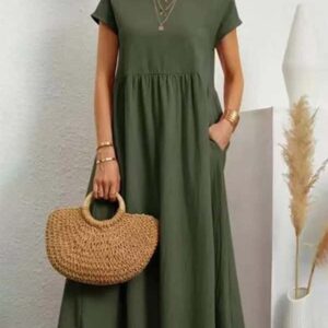 Vintage Solid Midi Dress Casual Short Sleeve Cotton and Linen Harajuku Oversized Long Dress