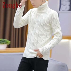 White Turtleneck Men Clothes Winter Sweater Men Coats Solid Striped Pullover