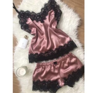 Women Pajama Suit Fashion V-Neck Stretch Satin Babydoll Lace Sexy Lingerie