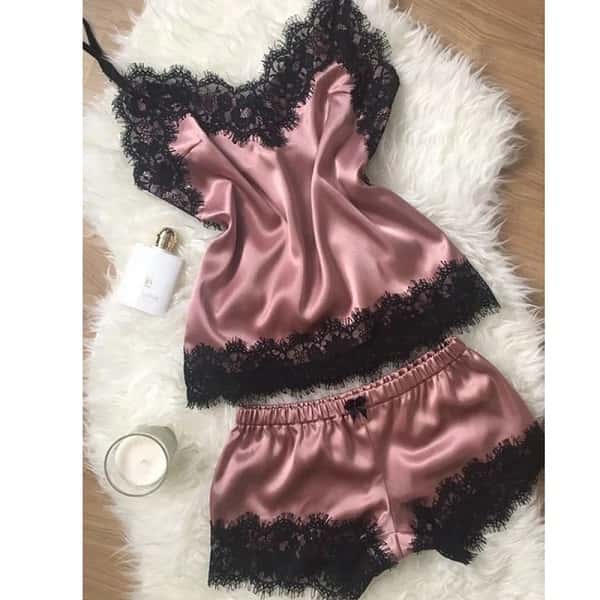 Women Pajama Suit Fashion V-Neck Stretch Satin Babydoll Lace Sexy Lingerie